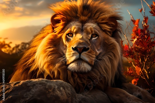 A proud lion watching over his pride at sunset