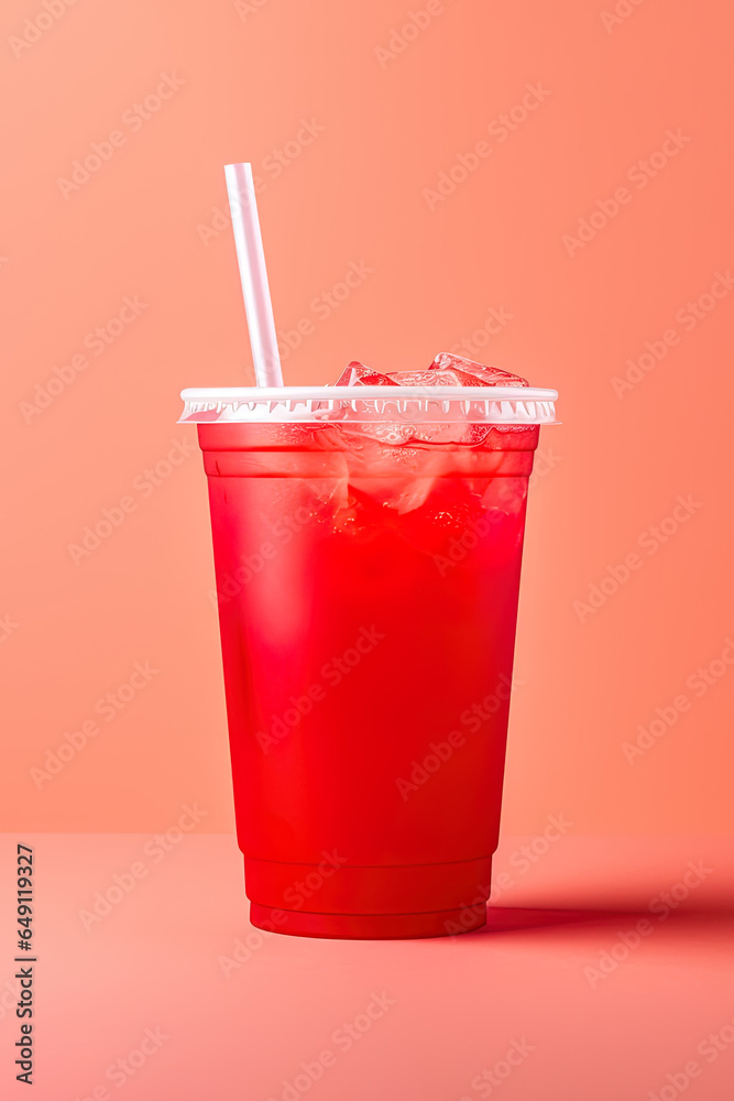 Red drink in a plastic cup isolated on a red pastel background. Take away drinks concept Red drink in a plastic cup isolated on a red pastel background. Take away drinks concept
