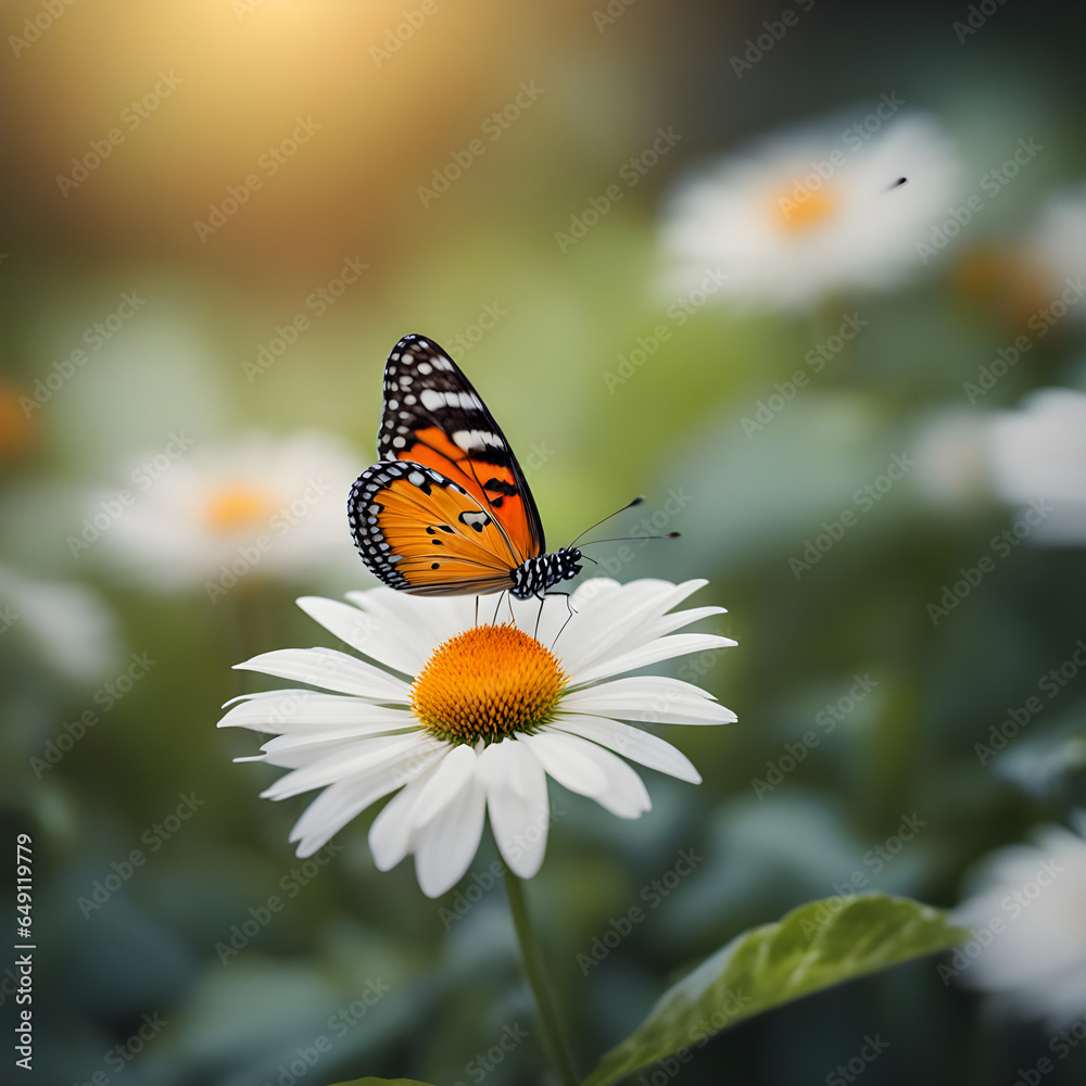 Flowers With Butterflies, butterfly on a flower with a yellow background, The yellow orange butterfly is on the yellow flowers in the green grass fields, Beautiful butterfly on a daisy flower stock 