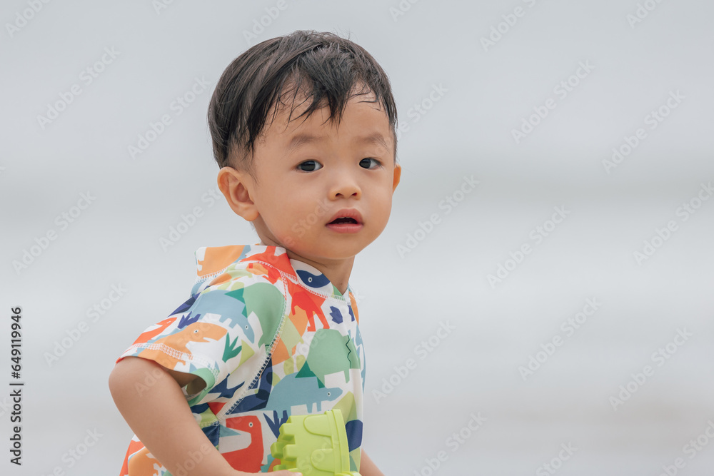An Asian Chinese baby boy on the beach with the toys for the sand. Children's games. Games on the beach An Asian Chinese baby boy on the beach with the toys for the sand. Children's games. Games on the beach