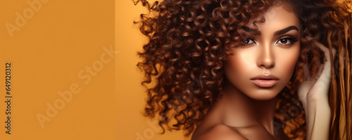 Fashion studio portrait of beautiful woman with afro curls hairstyle, Facial treatment, Cosmetology, beauty and spa