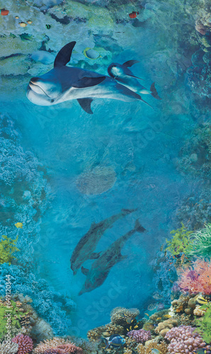 Underwater world dolphins top view sea corals fish red sea blue © Екатерина Кузьменков