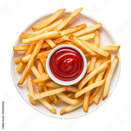Top View of French Fries with Ketchup - Isolated on White
