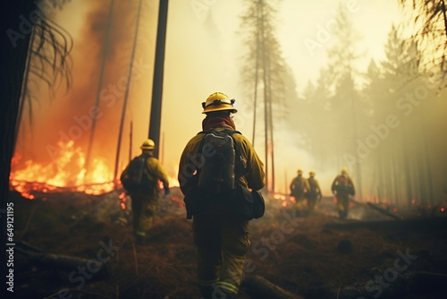 Establishing Shot: Team of Firefighters in Safety Uniform and Helmets Extinguishing a Wildland Fire, Moving Along a Smoked Out Forest to Battle Dangerous Ecological Emergency, Cinematic