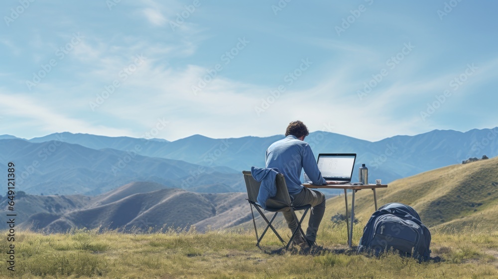Man seamlessly blends work with adventure, using a laptop amid breathtaking mountain views, embodying the essence of modern remote work