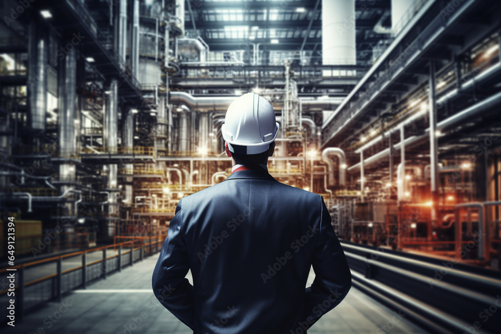 Engineer wearing hardhat at industrial facility Engineer wearing hardhat at industrial facility