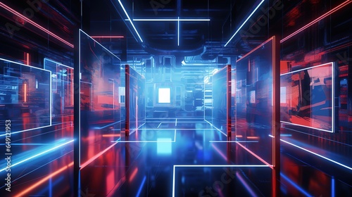 illustration of Luminous showcases. Blue, red color, neon glow, edge lighting, mirror, technology of the future, cyberspace, rectangular portals, parallel world. Metaverse concept