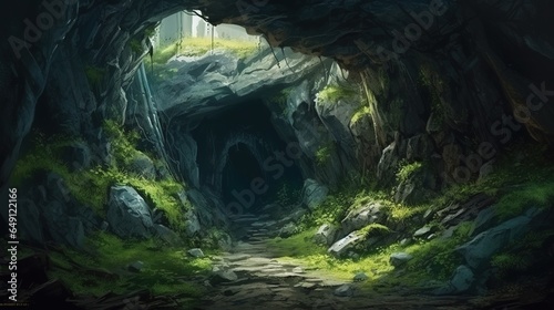 Canvas Print illustration of two caves are covered with moss high in the mountains
