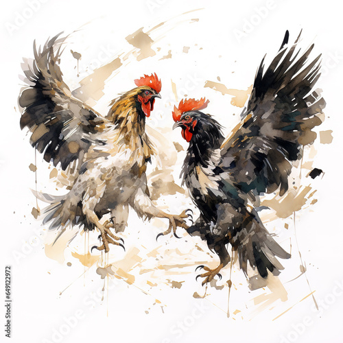 Watercolor painting of two bantams are hitting each other on white background. Wildlife Animals. Illustration, Generative AI.