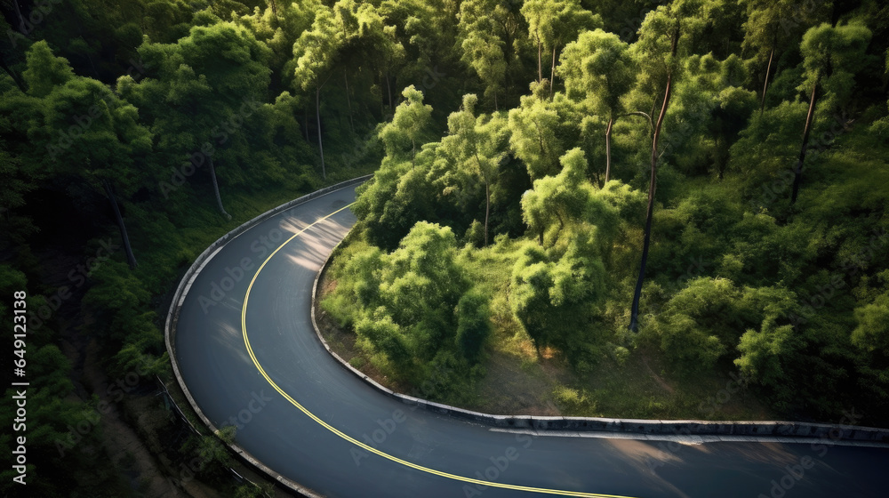 A curvy road in the middle of the forest. Top view. Generative Ai A curvy road in the middle of the forest. Top view. Generative Ai