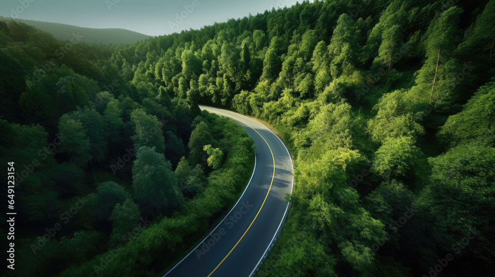 A curvy road in the middle of the forest. Top view. Generative Ai A curvy road in the middle of the forest. Top view. Generative Ai