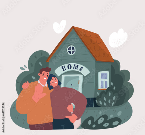 Vector illustration of couple bought or rent small house. Our first own home concept. Happy man and woman. Real estate concept.