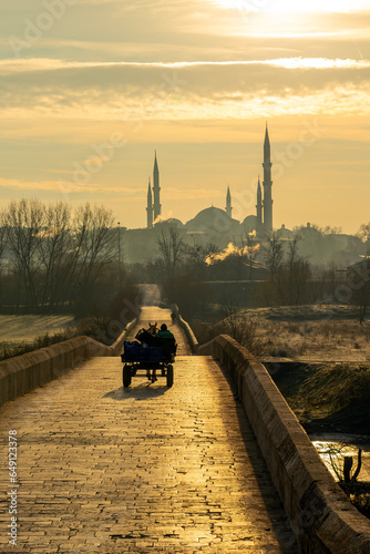 Uc serefeli mosque and Beyazit Biridge, Edirne, Turkey photo