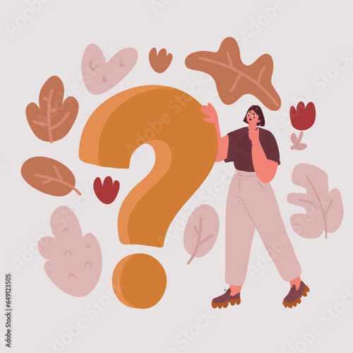 Vector illustration of woman with an idea. Person with question solving or answering.