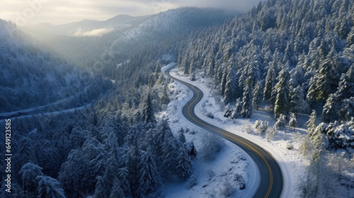 Aerial view of Curvy windy road in snow covered forest. Generative Ai