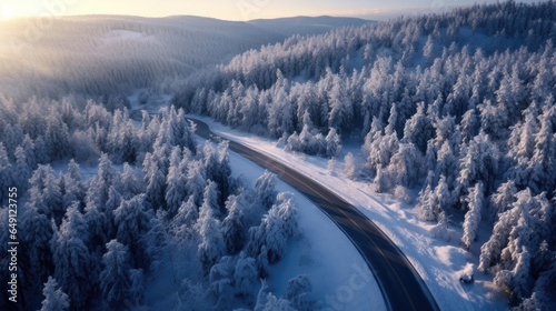 Aerial view of Windy and curvy road in snow covered forest landscape. Generative Ai