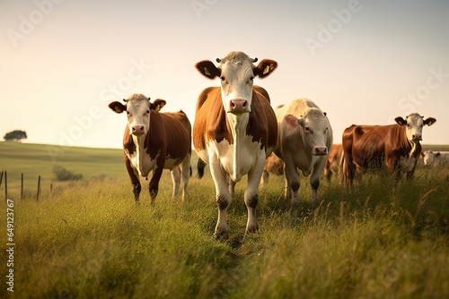 Group of cows standing in a grassy field. photo
