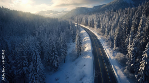 Aerial view of Windy and curvy road in snow covered forest landscape. Generative Ai