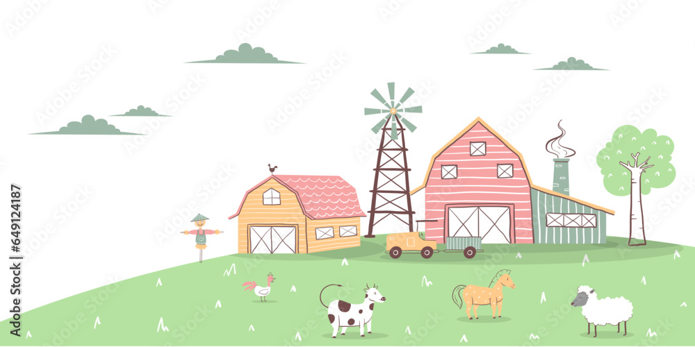 Landscape farm. Cute background with farm animals in a flat style. hand draw illustration.