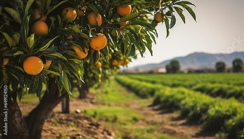 An orange tree is in the foreground with a farm field background.