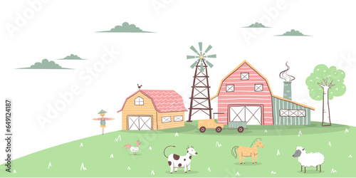 Landscape farm. Cute background with farm animals in a flat style. hand draw illustration.