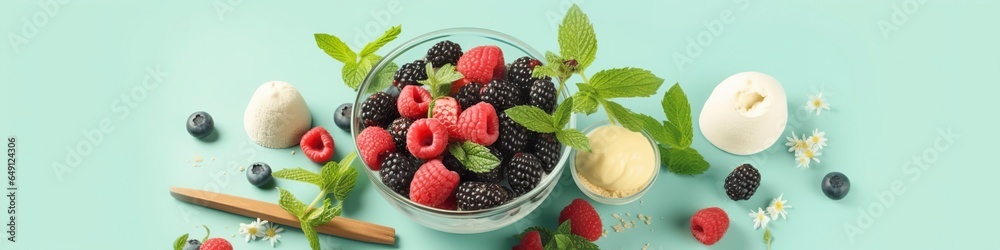 Scoops of Vanilla, mint leaves in a glass bowl, sprinkles, berries, and flowers. Scoops of Vanilla, mint leaves in a glass bowl, sprinkles, berries, and flowers.
