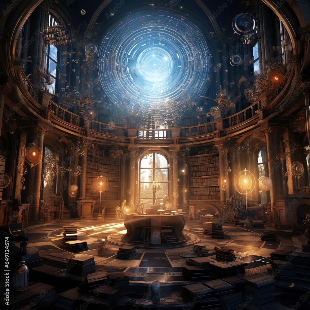 Obraz premium Fantasy Mysterious steampunk library. Generative ai.