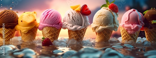 Banner with ice cream in a waffle cone on a summer day.