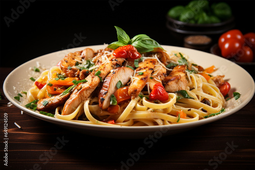 a plate of pasta with chicken and vegetables