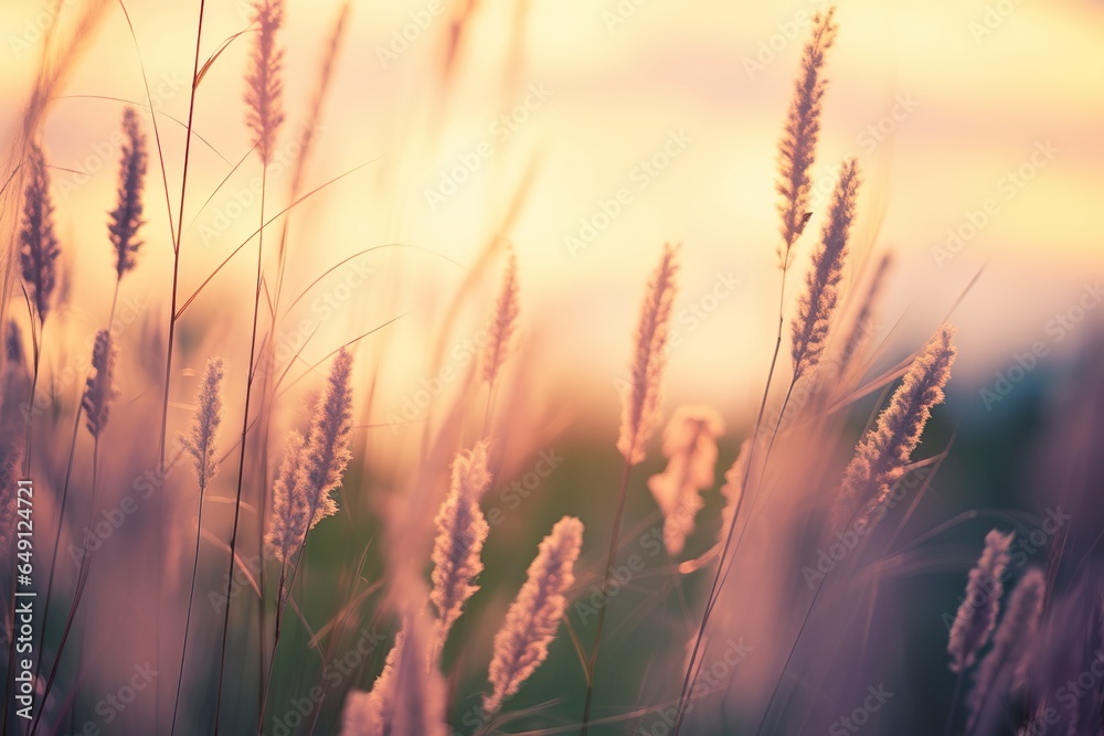 Fototapeta premium Wild grass in the forest at sunset. Abstract summer nature background.
