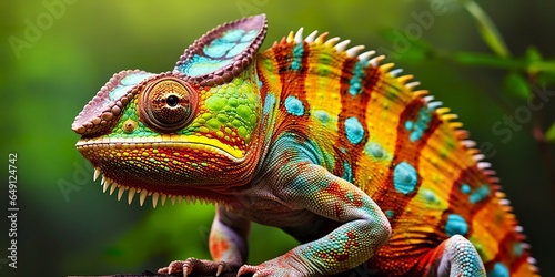 A colorful close up chameleon with a high crest on its head.