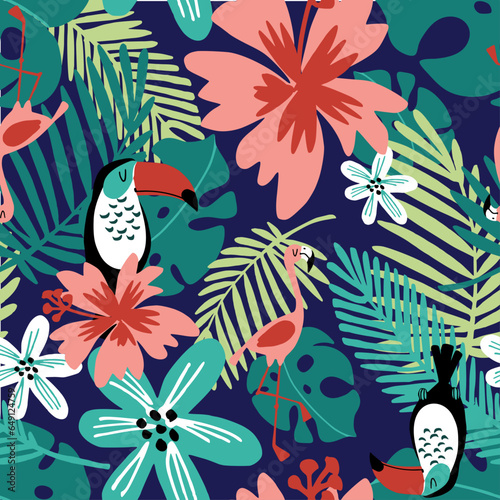 Summer awesome seamless pattern with palm trees, tropical leaves and flowers.