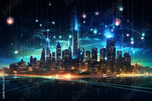 a sprawling city skyline at night, but instead of buildings, there are circuit boards and microchips, interconnected by shimmering neon-colored data streams