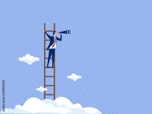 Success ladder for business opportunity, looking for new job or career path, leadership discovery or searching for success concept, smart businessman climb up ladder look through telescope visionary.