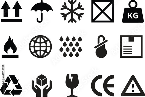 Vector packaging symbols. Delivery icon set including recycle, fragile, flammable, this side up, handle with care, keep dry and other symbols. Use in a package, in a cardboard box.