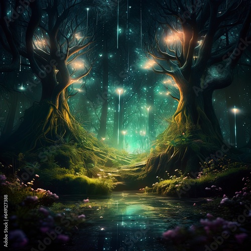 Mysterious mythical forest illuminated by fireflies. Generative ai. © MdTaher