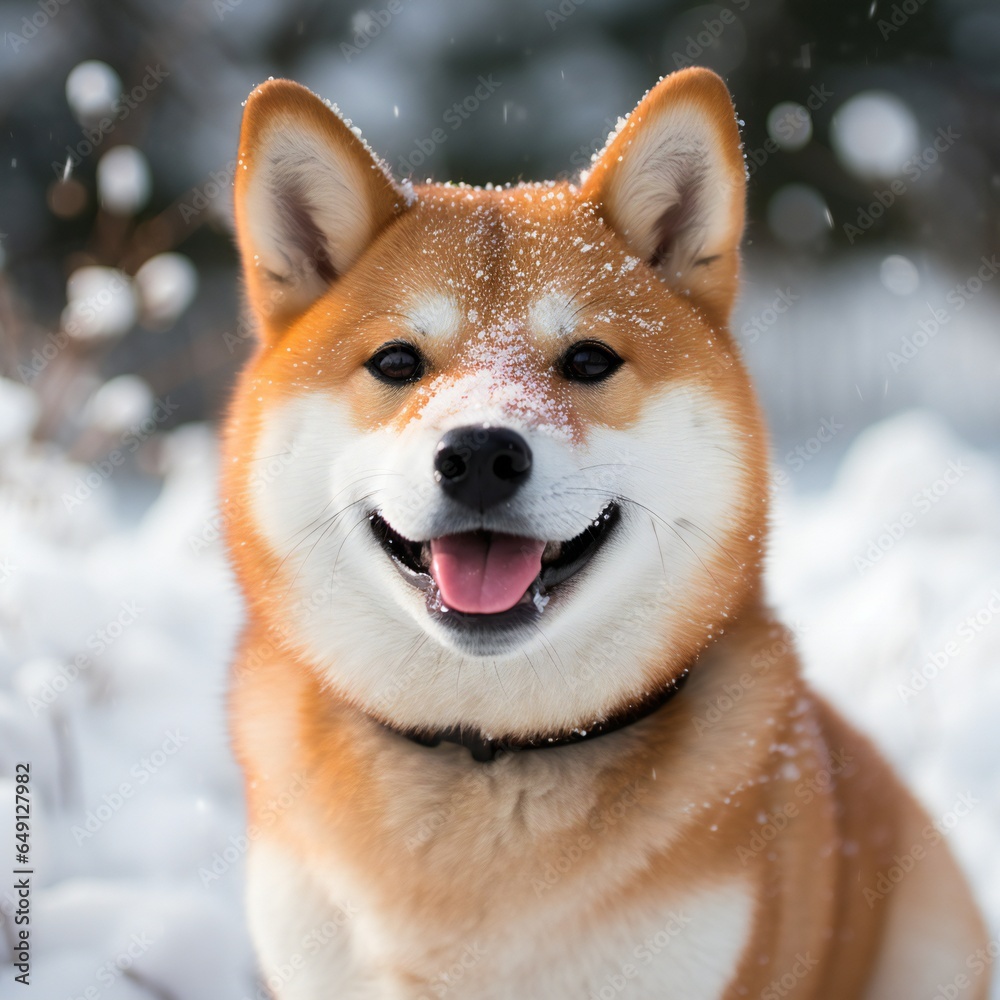 Portrait of cute and happy shiba inu sitting in the forest in winter. Adorable young Japanese shiba inu female dog in the snow