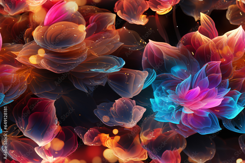 A neon-inspired design of a colorful abstract flower with glowing petals and a dark Background with tile feature (AI Generative) A neon-inspired design of a colorful abstract flower with glowing petals and a dark Background with tile feature (AI Generative)