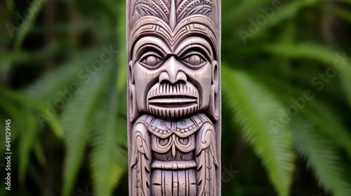 The intricate carvings on the base of a totem pole