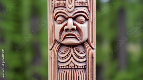 The intricate carvings on the base of a totem pole