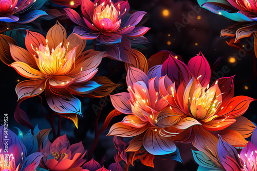A neon-inspired design of a colorful abstract flower with glowing petals and a dark Background with tile feature (AI Generative)