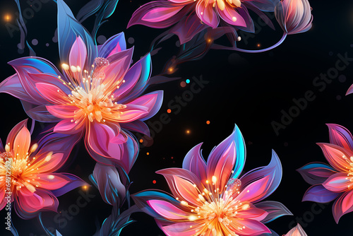 A neon-inspired design of a colorful abstract flower with glowing petals and a dark Background with tile feature (AI Generative)