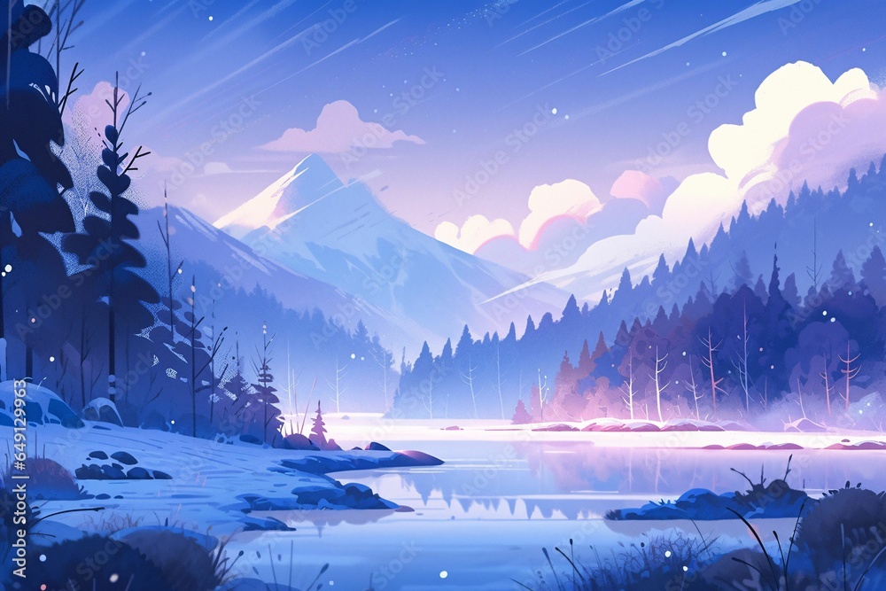 Winter solar term, landscape illustration of snowy mountains in the distance