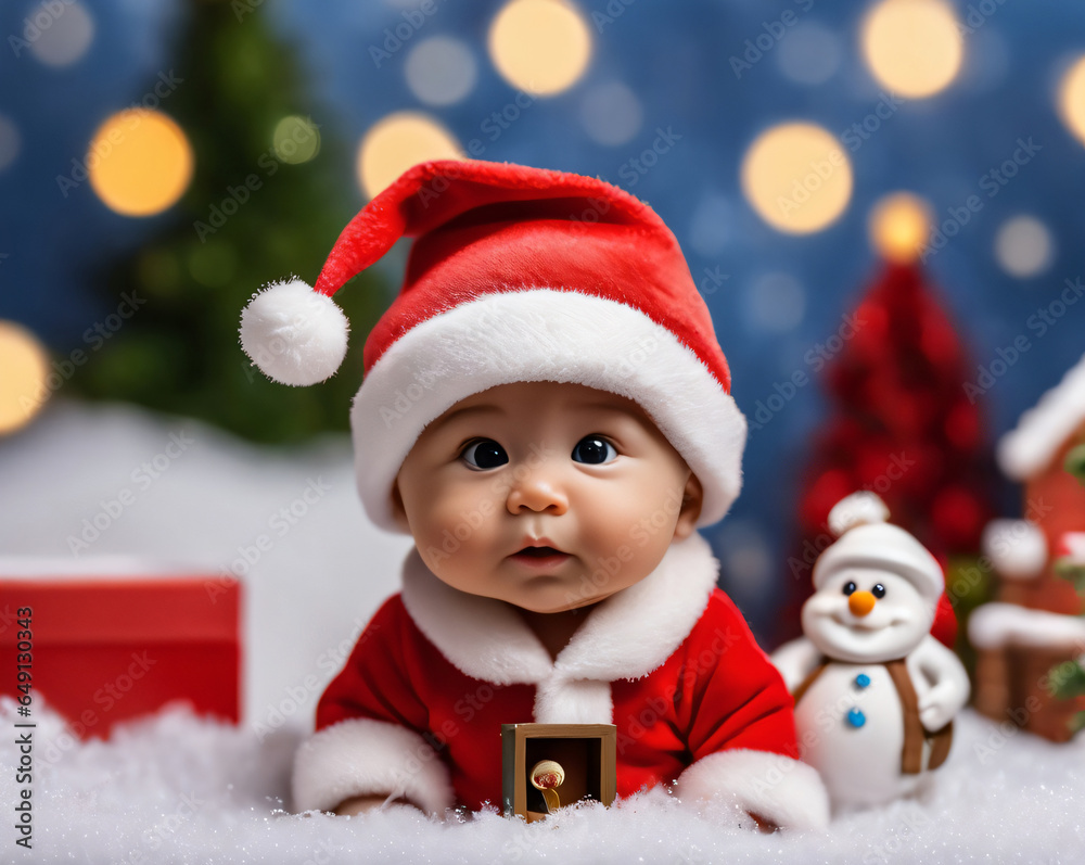 Cute Baby in Santa Claus Clothes Laying on Fake Snow