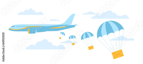 Air mail. Parachuted envelopes flying down from airplane. Aerial express delivery service. Sending letters. Messages in sky clouds. Shipping aircraft. Postal transport. Vector concept