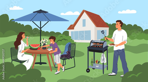 Backyard patio with vacationers. Family picnic. Persons having lunch in garden. People at grill party. Table under umbrella. Parents with child. Outdoor dinner. Garish vector concept