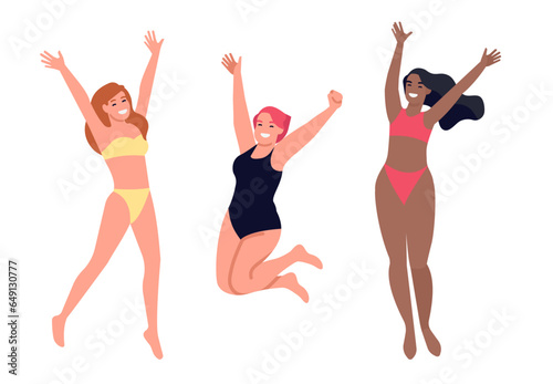 Beautiful women in bikinis. Group of different nationalities bouncing around merrily. Jumping girls at beach. Joyful females in swimwear. Summer vacation. Human diversity. Vector concept