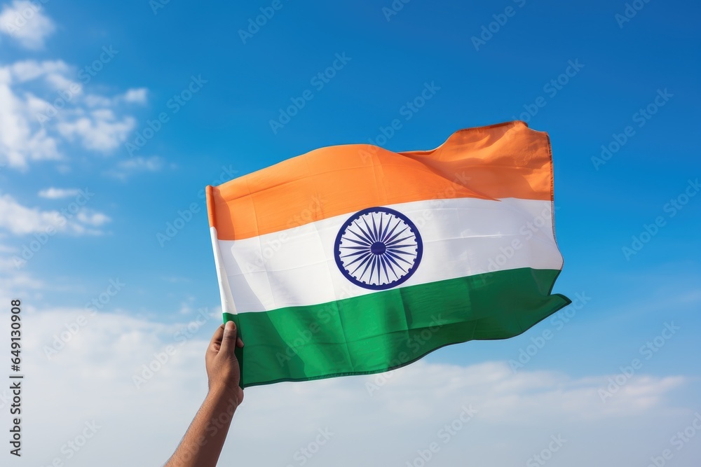 hand holding indian flag on blue sky background, independence day ...
