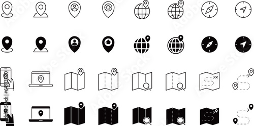 地図に関する線画とシルエットのアイコンのセット
