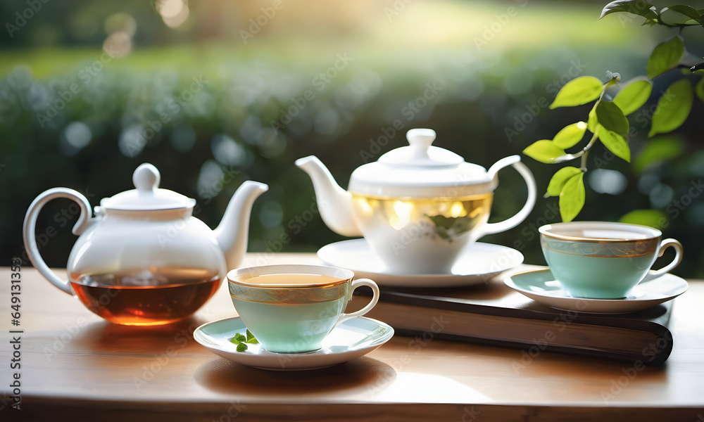 Botanical garden scene with an elegant tea set on a wooden table. AI generative.
Botanical garden scene with an elegant tea set on a wooden table. AI generative.